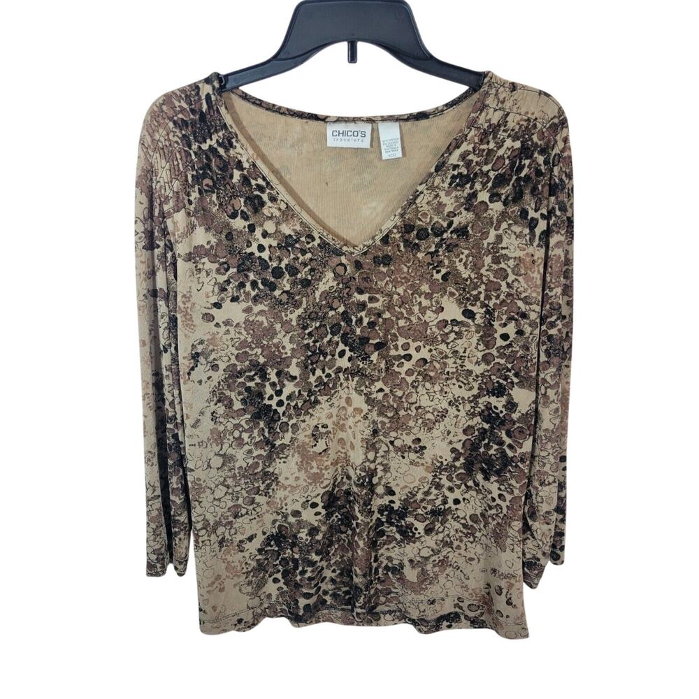 Chico's Travelers Brown V-Neck‎ Spotted Print Long Sleeve Top Women's Size 2 (M)